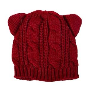 Cat Ears Hand Knit Cable Wool Beanie Hats l Kitty Ear women’s Red Hat
